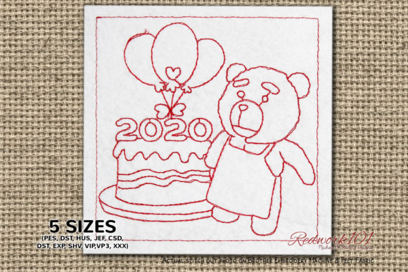 Teddy Baking New Year Cake Redwork